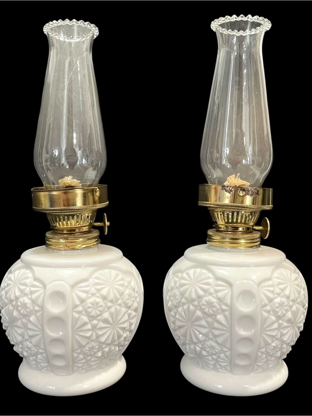 Vintage 1950s Milk Glass Oil Lamps (2) - Daisy and Botton Patterned Body